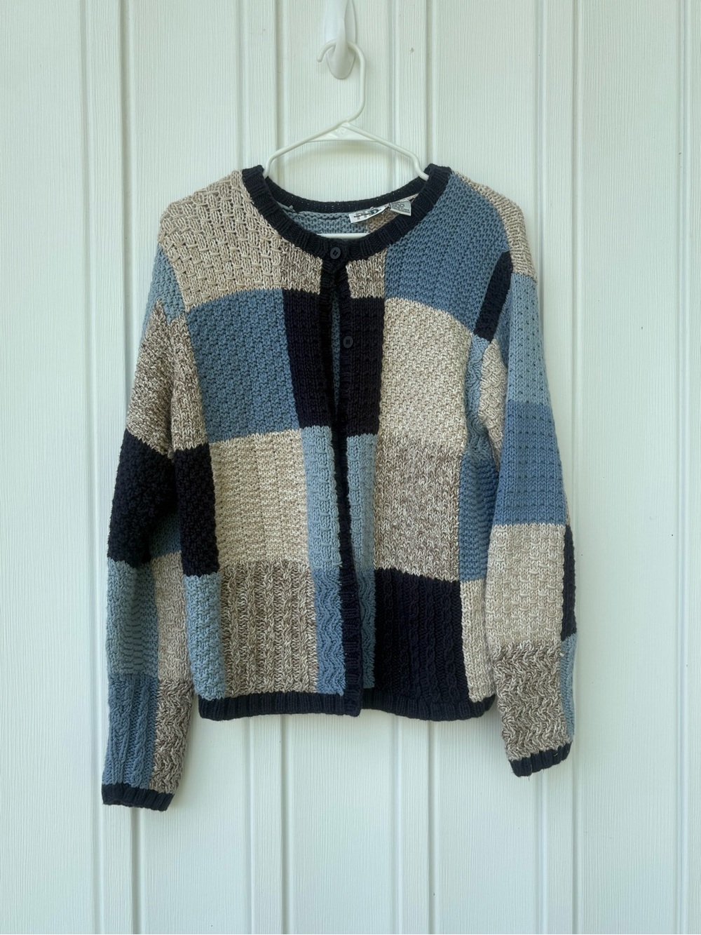 Vintage Chunky Patchwork Knit Colorblock Cardigan Sweater Blue Beige Boho - Picture 1 of 9